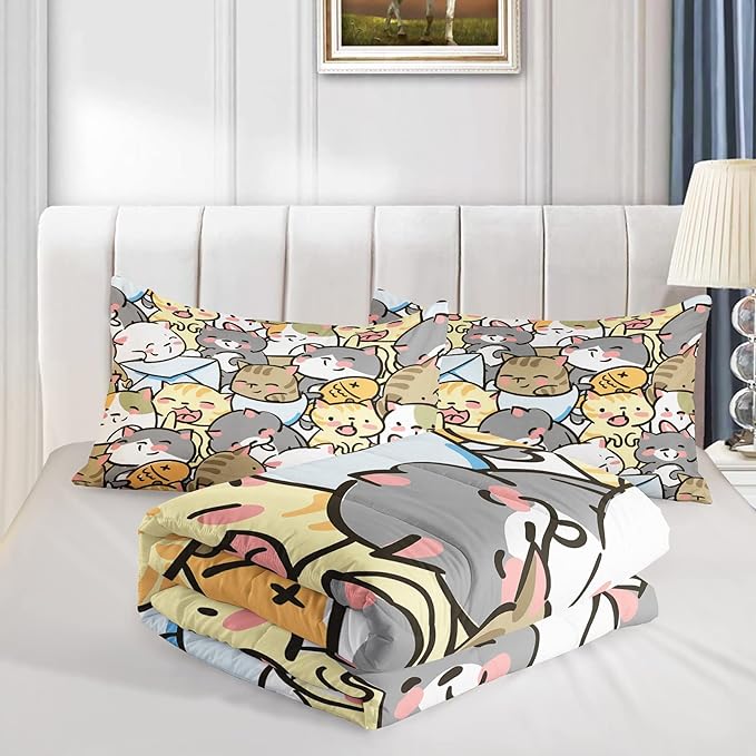 Kawaii Cat Comforter Twin Size,Cute Cat Comforter Set for Kids Teens Girls,3Pcs Bedding Set Printed Comforter with 2 Pillowcases,Down Alternative,Soft and Lightweight，Twin Size
