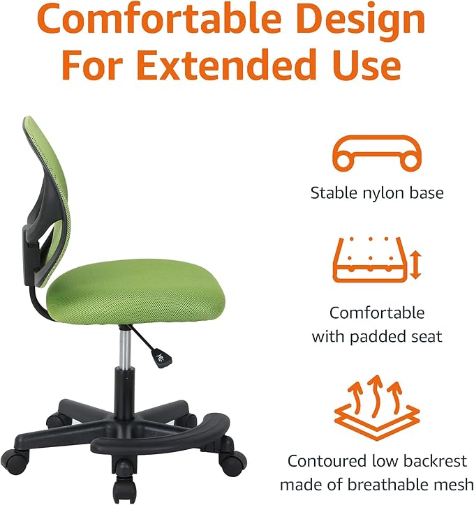 Amazon Basics Kids Adjustable Mesh Low-Back Swivel Study Desk Chair with Footrest, Green
