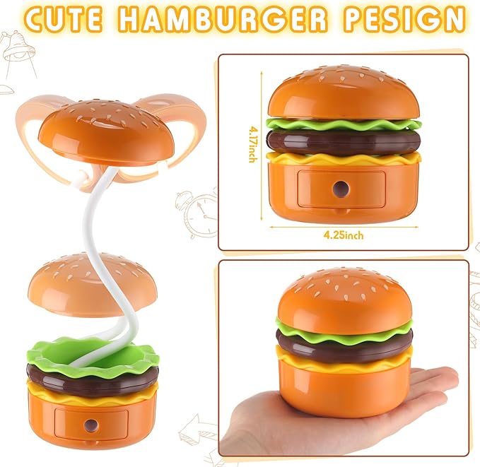 2 Pcs Cute Hamburger Lamp with Pencil Sharpener, Adjustable Novelty Night Desk Lamp, Funny Rechargeable Multifunctional Reading Bedside Lamp for Home Bedroom Boys Girls Kawaii Gift