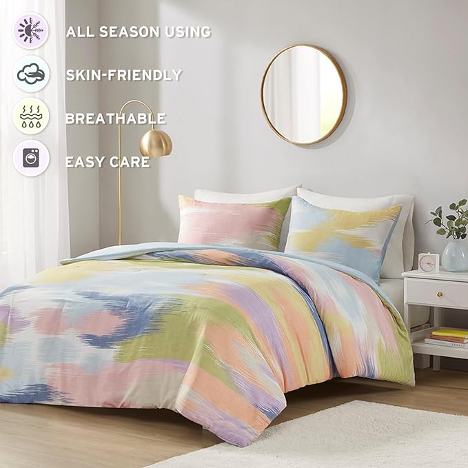 Intelligent Design Queen Comforter Set, Chic Colorful Brushstroke Abstract Print, Girls Room Décor, All Season Queen Bedding Sets for Girls, Matching Sham, Full/Queen, Blue Multi 3 Piece