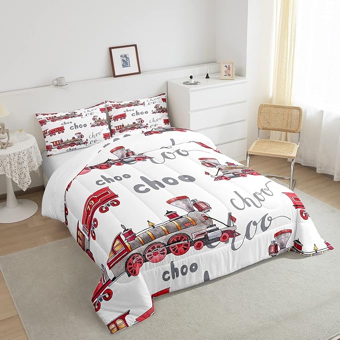 Feelyou Cartoon Car Bedding Set Kids Train Comforter Set Boys Girls Choo-Choo Rail Roads Tracks Decor Comforter Microfiber Train Construction Duvet Set Bedroom Quilt Set Twin Size