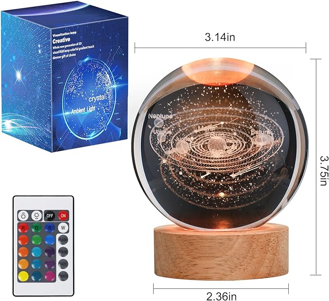 Large 3D Solar System Crystal Ball, Crystal Lamp 16 Color Changing Night Light with Remote Control for Bedroom Decor, Birthday Gift for Teens Boys and Girls, Solar System Model