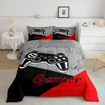 Feelyou Kids Gaming Twin Size Comforter Video Game Bedding Sets for Child Boys Teen Gamer Down Comforter All Season Reversible Game Controller Home Decor,1 Comforter with 1 Pillowcase, Red