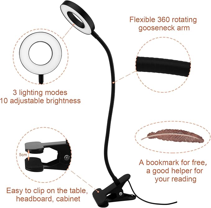 LED Clip On Light Reading Light, 10 Dimmable Brightness Gooseneck Clamp Desk Ring Light with Metal Bookmark for Reading Makeup Bedside (Size:Lamp+Bookmark)