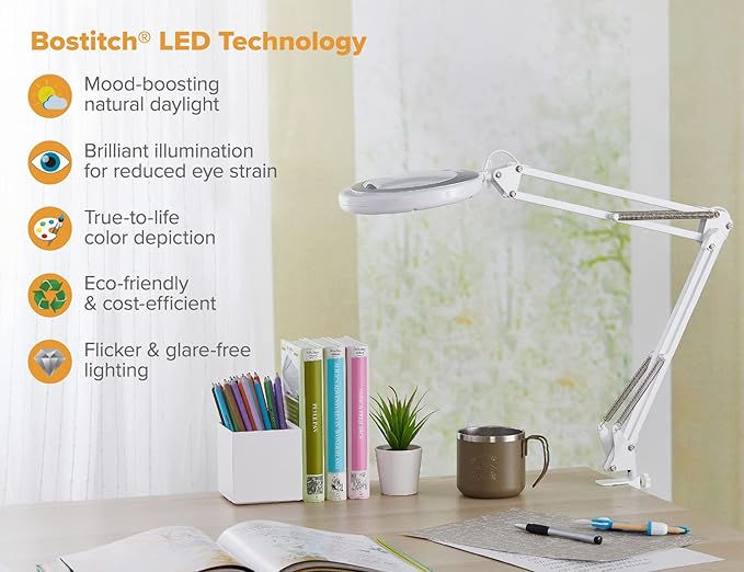 Bostitch Office LED Magnifying Desk Lamp with Clamp Mount, Energy-Efficient LEDs, Dimmable, 4.5W, 480 Lumens, White (VLED600)