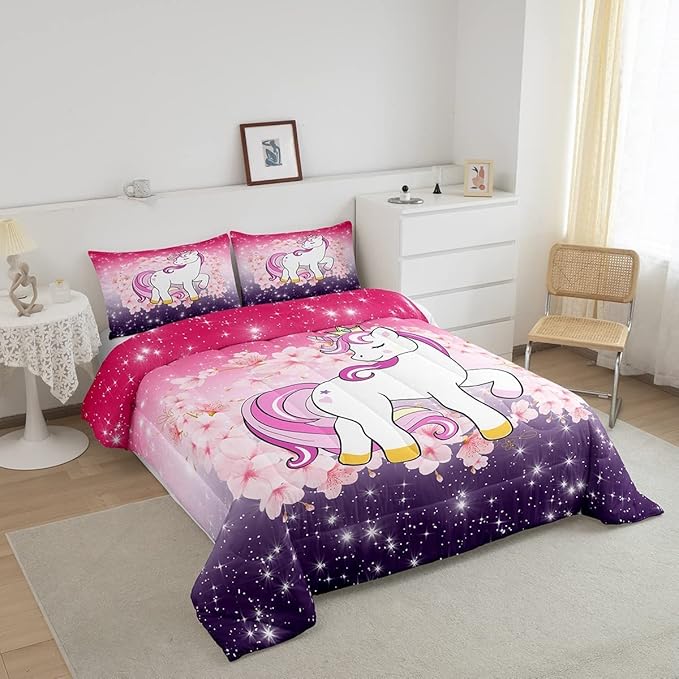 Unicorn Comforter Set King Glitter Bedding Set Cherry Blossoms Duvet Insert Kids Cartoon Kawaii Animal Down Comforter Ombre Galaxy Stars Fantasy Girls Room Decor Quilt Set Aesthetic Pink Purple