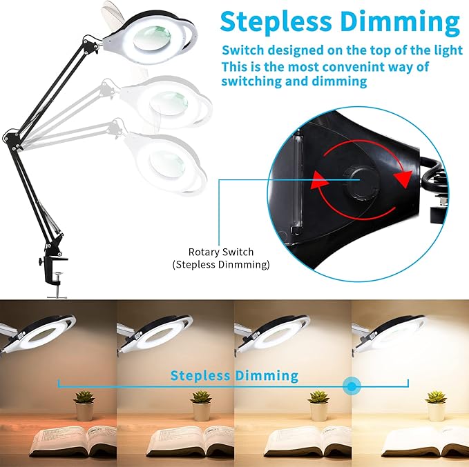 10X Magnifying Lamp with Clamp, KIRKAS 2200 LM Super Bright and Stepless Dimming Magnifying Glass with Light, Real Glass Lens Lighted Magnifier Light for Close Work, Crafts, Reading, Repair - Black