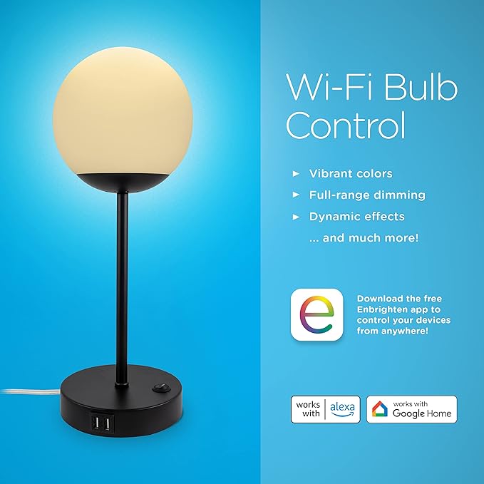Enbrighten Bedside Decor Lamp Tabletop Wi-FI Dimmable Color Changing Music-Sync 2-Port USB-charging Station 2.4A Dorm Bedroom Home Office Living Room Compatible with Alexa 70331 Black
