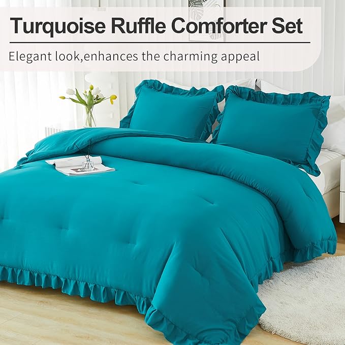 Andency Turquoise Comforter Set Twin Size, 2 Pieces Shabby Chic Ruffle Bed Comforter Set for Kids Boys Girls, All Season Soft Lightweight Solid Down Alternative Bedding Set