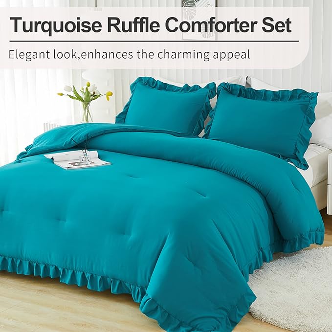 Andency Turquoise Queen Comforter Set(90x90Inch), 3 Pieces(1 Ruffle Comforter and 2 Pillowcases) Solid All Season Comforter Sets for Queen Bed, Lightweight and Fluffy Soft Microfiber Bedding Set
