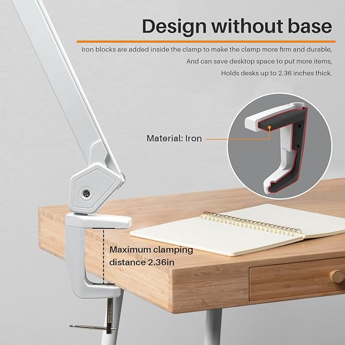 LED Architect Desk Lamp with Clamp, Metal Swing Arm 2000 Lumens Dimming Office Table Lamp for Task Work Drafting Reading Desktop, 234PCS Bright LEDs, 24W, 5 Color Temperatures Workbench Lamp