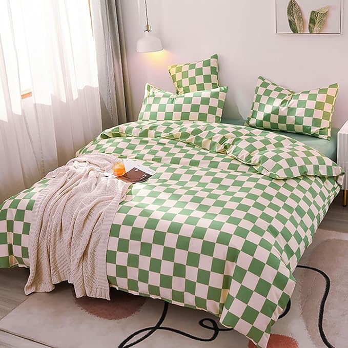 Green White Grid Comforter Set Full Sage Green Plaid Bedding Set Girls Light Green White Checkered Bed Comforter Set Breathable Blanket Set Kids Durable Bedding Comforter Set