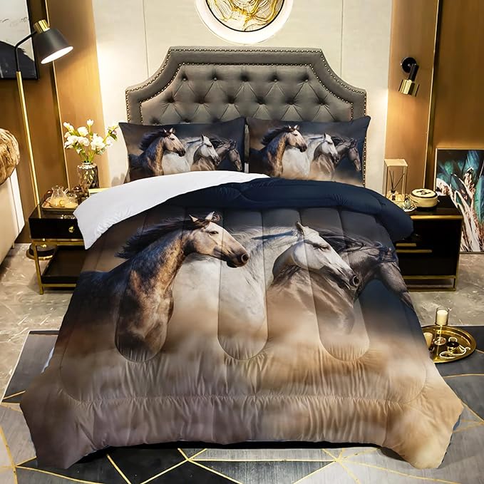 Horse Comforter Queen Size,Galloping Horse Comforter Set for Kids Teens Girls Boys,3Pcs Bedding Set Printed Comforter with 2 Pillowcases,Soft and Lightweight，Queen Size