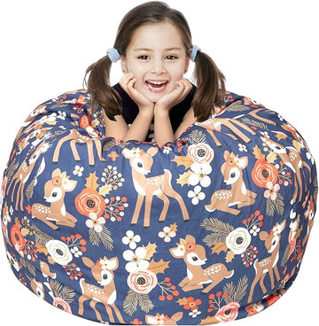 Stuffed Animal Storage Bean Bag Chair Cover, Hold Kids Plush Toys Blankets Towels Beanbag (Cover Only), Canvas Floor Circle Stuff Sit Seat Sofa with YKK Zipper, Extra Large 38", Fawn