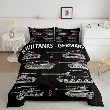 Tank Comforter Set Full, War Theme Bedding Set, Soldier Dirt Bike Camouflage Army Acting Down Comforter For Kid Boy Teen Men,Camo Vintage Style Quilt Set, Military Vehicle Duvet Set Room Decor