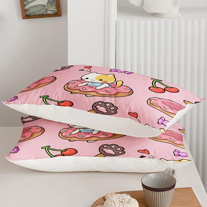 Kawaii Cat Comforter Queen Size,Doughnut Cherry Cat Comforter Set for Kids Teens Girls,3Pcs Bedding Set Printed Comforter with 2 Pillowcases,Soft and Lightweight(Pink，Queen Size)