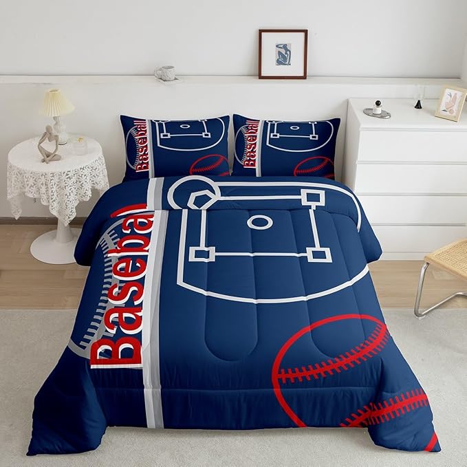 Feelyou Baseball Bedding Set Queen Size Sports Game Comforter Set for Kids Boys Girls Decor Baseball Gaming Comforter Microfiber Ball Duvet Set Bedroom Quilt Set
