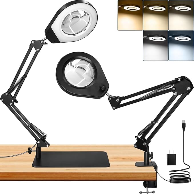 Magnifying Glass with Light and Stand & Desk Clamp, 4.2'' 5X Magnifier Lamp, 5-Color Dimmable LED, Swing Arm Magnifying Desk Lamp for Close Work, Crafting, Workbench & Reading - Rectangle Base
