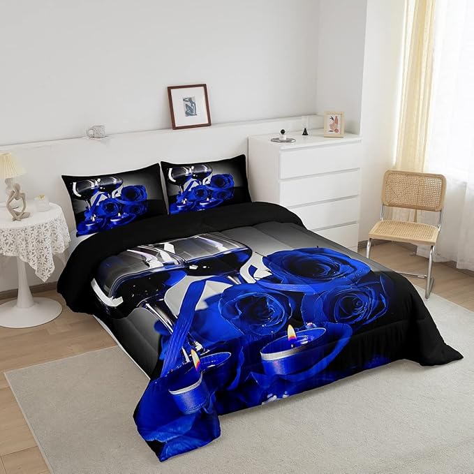 Girly 3D Rose Queen Comforter Set for Teens Rose Floral Wine Glass Bedding Sets Bedroom Decor Blue Flowers Down Comforter Couple Valentine's Day Duvet Insert Black Grey Quilted Comforter, 3Pcs
