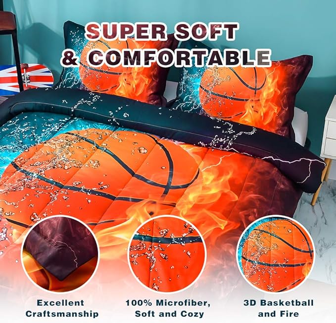 Andency Basketball Comforter Full (79x90 Inch), 3 Pieces(1 Basketball Comforter, 2 Pillowcases) Sport Microfiber Basketball Comforter Set Bedding Set for Kids Boys Girls Teens