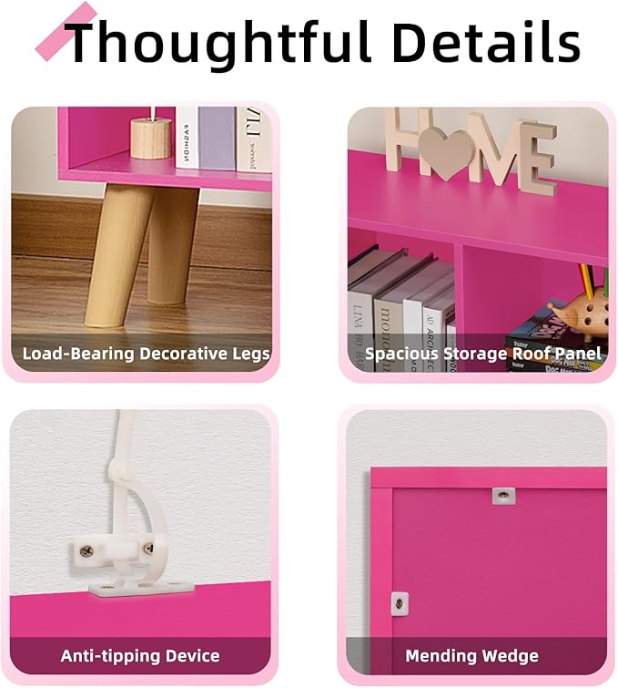 LEYAOYAO 10 Cube Bookshelf,3 Tier Modern Wide Bookcase with Legs,Mid-Century Wood Bookshelves Storage，Pink Large Book Case,Freestanding Organizer Display Shelf for Bedroom,Living Room,Office