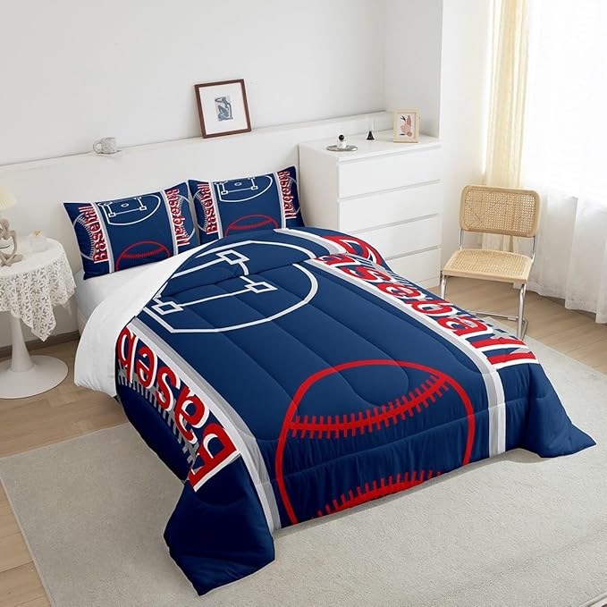 Feelyou Baseball Print Bedding Set King Size Sports Game Comforter Set for Kids Boys Girls Decor Baseball Gaming Comforter Microfiber Ball Duvet Set Bedroom Quilt Set