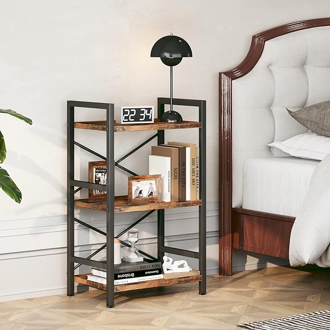 Bookshelf, 3 Tier Industrial Bookcase, Metal Small Bookcase, Rustic Etagere Book Shelf Storage Organizer for Living Room, Bedroom, and Home Office(Rustic Brown) Patent Pending D29873033
