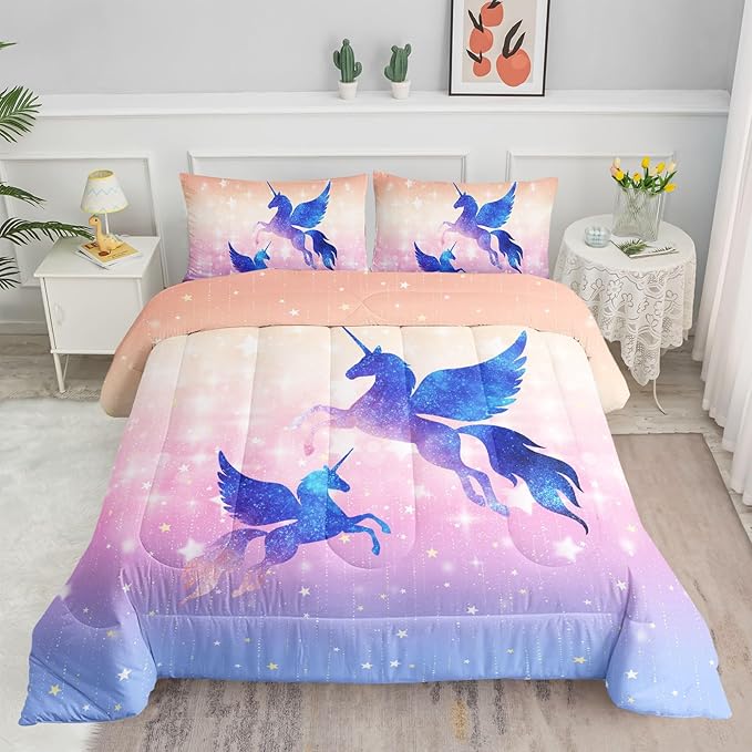 Datura home Bedding Comforter Set Starry Sky Unicorn Printed Pattern Quilt with 1 and 2 Pillowcases for Girls Bedroom All Season(Purple Twin) Twin 68x86inches