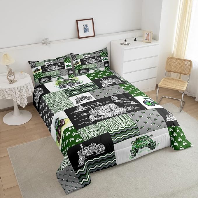 Equipment Trucks Comforter Set Queen, Tractor Down Comforter, Green Vehicle Duvet Set for Child Kids Child Boys Teens Construction Excavator Construction Site Car Quilt Set for Bedroom Decor Gift