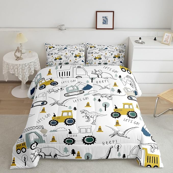 Construction Comforter Set Full Size Kids Cartoon Car Excavator Tractor Toddler Comforter Equipment Trucks Dinosaur Comforter Set Construction Vehicles White Yellow Duvet Set Quilt Set