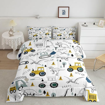 Feelyou Construction Comforter Set Queen Size Kids Cartoon Car Excavator Tractor Toddler Comforter Equipment Trucks Dinosaur Comforter Set Construction Vehicles White Yellow Duvet Set Quilt Set
