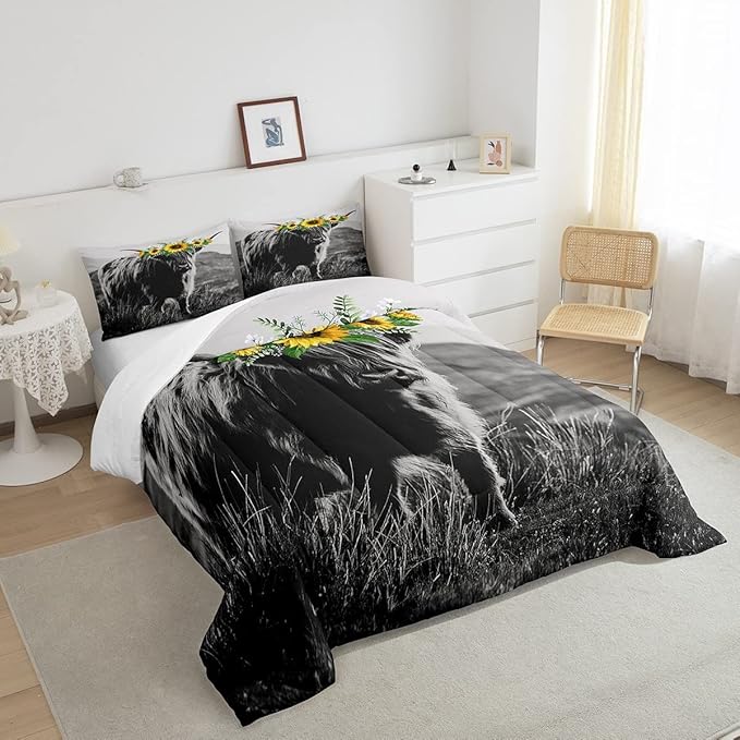 Highland Cow Comforter Set King Size for Adult Women Sunflower Cow Print Bedding Farmhouse Decor Wild Animal Cows with Gray Fur Quilted Duvet Decor 3 Pcs Bedding ,1 Duvet Cover + 2 Pillowcases