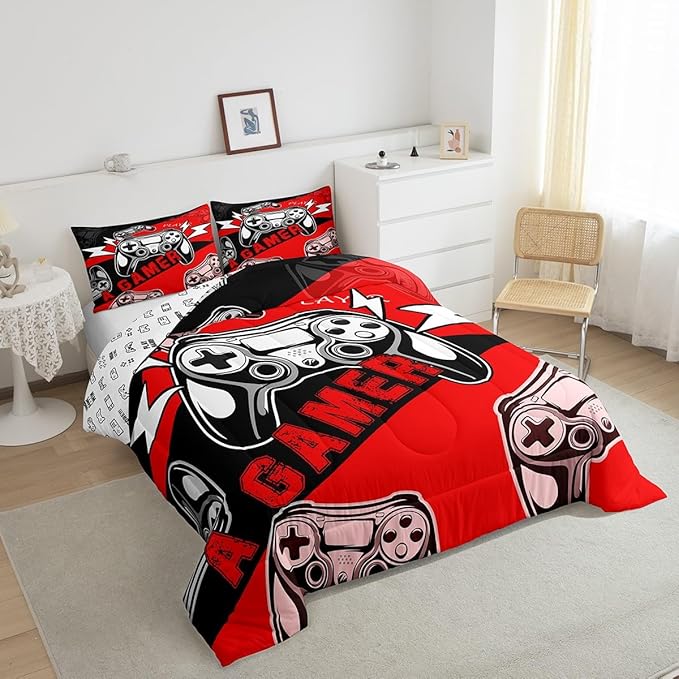 Erosebridal Gaming Bedding Sets for Boys Gamer Comforter Set Queen Size,Video Gaming Bedding Set Game Console Kids Comforter Sets 3Pcs Gamer Room Decor,Red Black