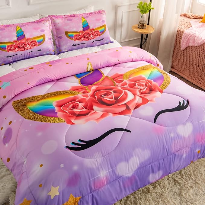 Unicorn Twin Bedding Sets for Girls Kids Comforter Set Twin Size with 2 Pillowcases Purple Unicorn Room Decor for Girls Bedroom Ultra Soft Machine Washable Toddler Bed Set