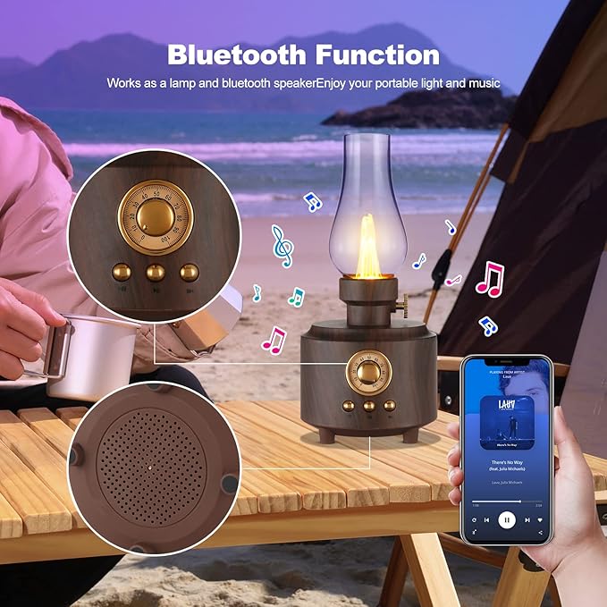 Vintage Table Lamp Retro Bluetooth Speaker Rechargeable Portable Night Light Flameless LED Oil Lamp Bedside Desk Lamp for Bedroom, Cafe, Bar, Desk Decor, Outdoor Camping Birthday Gift
