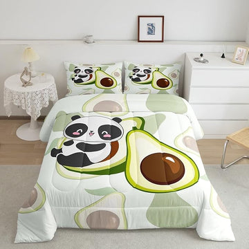 Kids Cute Panda Bedding Set Twin Kawaii Avocado Comforter Set for Boys Girls Bedroom Dorm Decor,Fruit Cartoon Exotic Animal Bedding Comforter Sets Giant Panda Bed Quilt Sets 2 Pcs Green Black White