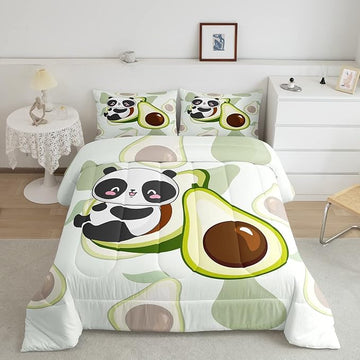 Erosebridal Panda Comforter Set King,Avocado Bedding Set Cute Black White Panda Bedding Bear Cat Bedding Comforter for Kids Boys Girls Green Tropical Fruit Quilt Duvet Set Room Decor 2 Pillow Cases