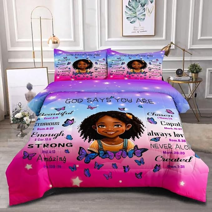 Black Girl Comforter Set, Full for Kids Teens, 3Pieces - 1 Comforter, 2 Pillow Shams, Premium Microfiber, Medium Weight, Motivational Decor, Machine Washable