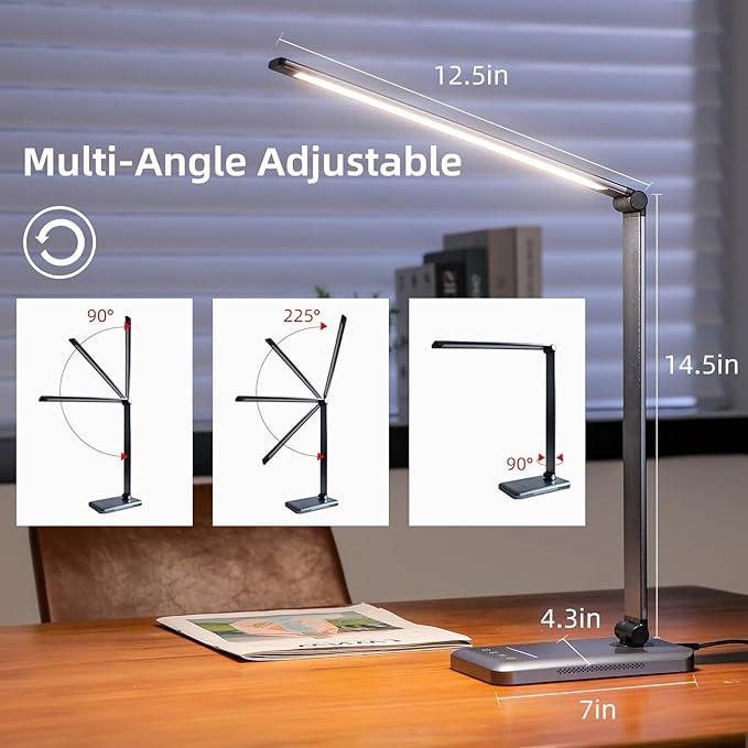 LED Desk Lamp, 5 Levels Dimmable Table Lamp Reading Lamp with USB Charging Port, 5 Lighting Modes, 30 Minutes Auto-Off Timer, Study Lamp, Eye-Caring Office Lamp with Night Light