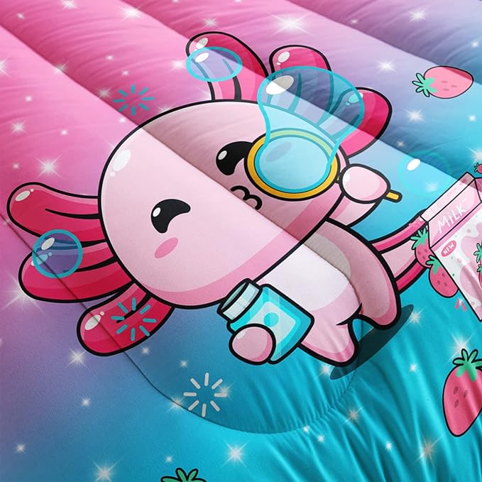 Kawaii Axolotl Comforter,Pink Salamander Comforter Set for Kids Teens Girls,3Pcs Bedding Set Printed Comforter with 2 Pillowcases,Down Alternative,Soft and Lightweight(Pink，Twin Size)