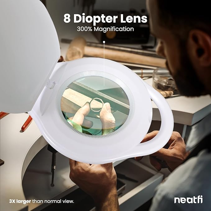 Neatfi Elite LED Magnifying Lamp with Clamp, 8 Diopter, 3000K-6500K Color Temperature, 96 pcs SMD LED, Nonpolar Dimming, Eye-Friendly, Glare-Free, Adjustable Arm Magnifier (5 Inch Lens, White)