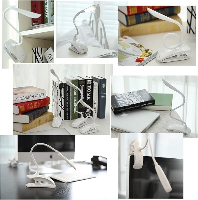 Clip Desk Lamp Table LED Bulb Lamps Set USB Outlet White Modern Shade Gooseneck Dimmable Light Clamp Base Touch Sensor Switch Charging Battery Office Room Bedroom Dorm Kids Small Girls Study Reading