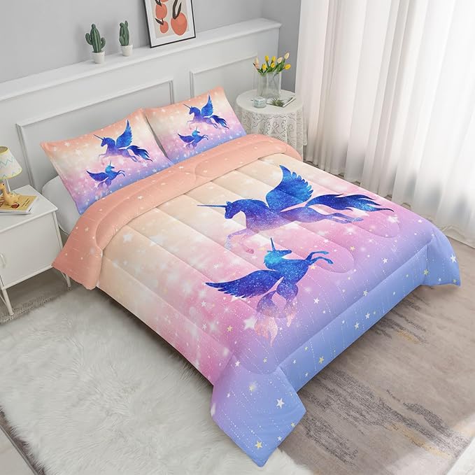 Datura home Bedding Comforter Set Starry Sky Unicorn Printed Pattern Quilt with 1 and 2 Pillowcases for Girls Bedroom All Season(Purple Twin) Twin 68x86inches