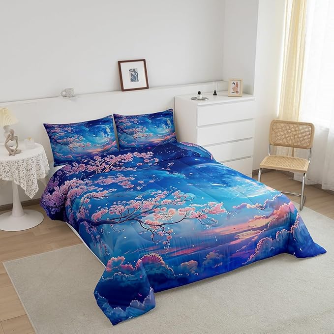 Manfei Cherry Blossoms Comforter Set Queen Size,Moonnight Cloud Starry Sky Bedding Set,Girls Women Room Decor,Sakura Flowers Chinese Style Down Comforter,Pink Blue Romantic Duvet Insert,2 Pillowcases
