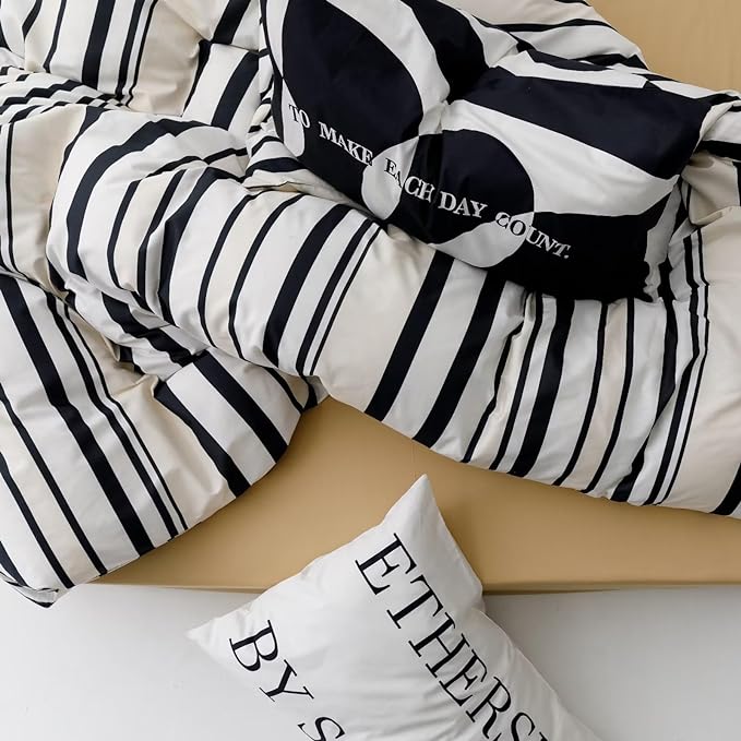 Striped Comforter Set King Black and White Comforter Men Women Modern Chic Stripes Bed Comforters Beige Black Striped King Ticking Bedding Comforter Set All Season Hotel Quality Bed Set