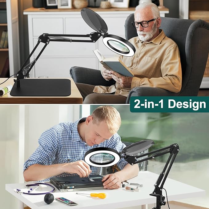 5X Magnifying Glass with Light and Stand, NAKOOS 3-in-1 Magnifying Lamp with Light, 3 Lightings Dimmable Magnifier with Anti-dust Cover and Timer, Soldering Magnifying Glass for DIY Close Work