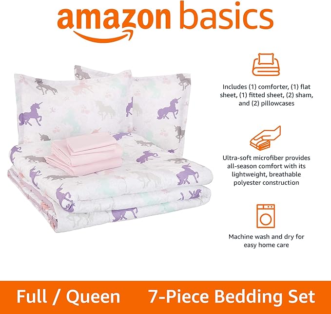 Amazon Basics Kid's Easy Care Microfiber Bed-in-a-Bag 7-Piece Bedding Set, Full/Queen, Purple Unicorns, Solid & Printed