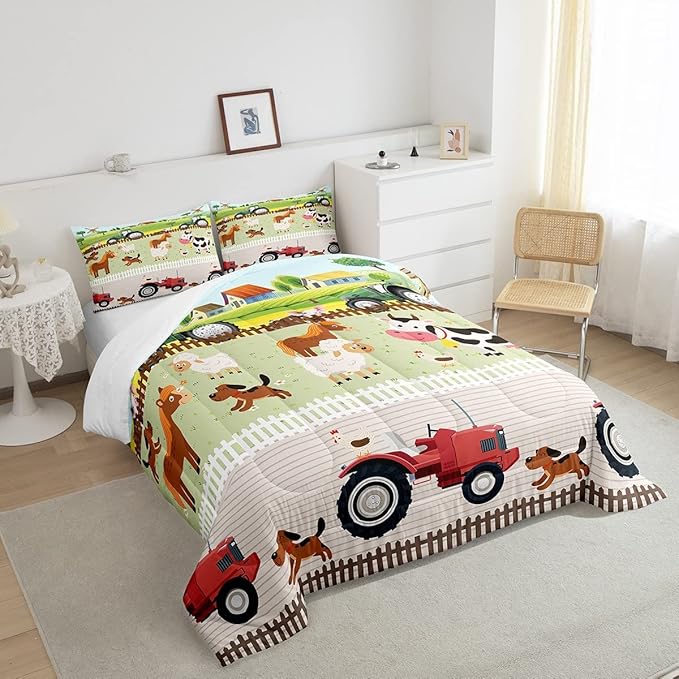 Tractor Bedding Sets for Boys Twin Size Toddler Kids Cute Cartoon Farm Animals Comforter Set Girls Children Farmhouse Country Down Comforter for All Season Colorful Room Decor Nature Theme Duvet Set