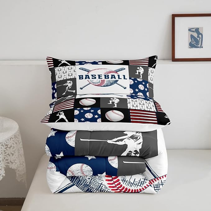 Teen Boy Sports Baseball Twin Bedding Set,Kids Baseball Athlete Comforter Set,Grunge Hippie Tie Dye Ball Bed Comforter Sets Room Decor Patchwork Pattern 1 Pillow Case（Red Blue Black White Grey）