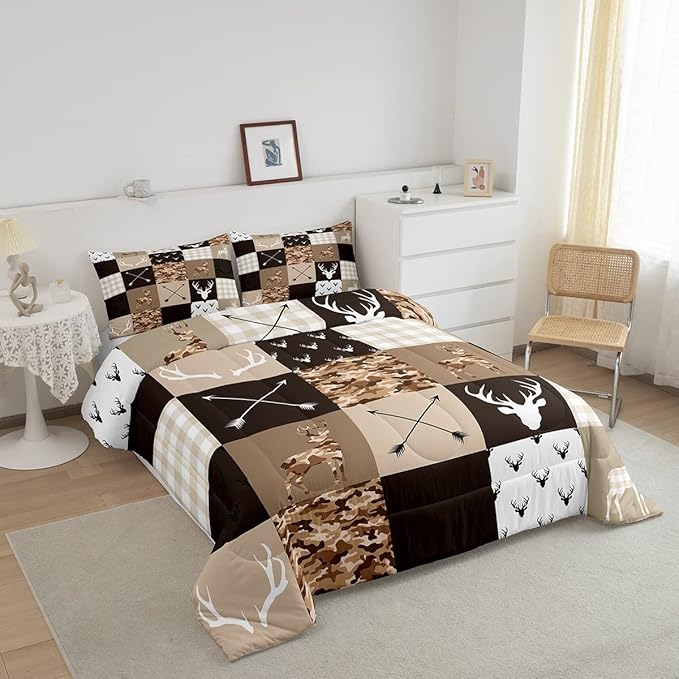 Camo Animal Kids Comforter Set Full Size,Deer Antlers Silhouette Bedding Set,Girls Boys Adults Bedroom/Xmas Decor,Checkered Geometric Down Comforter,Arrow Boho Tribal Duvet Insert,3pcs,2 Pillowcases